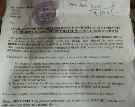 Drama As Man Writes IBEDC To Permanently Disconnect His Electricity