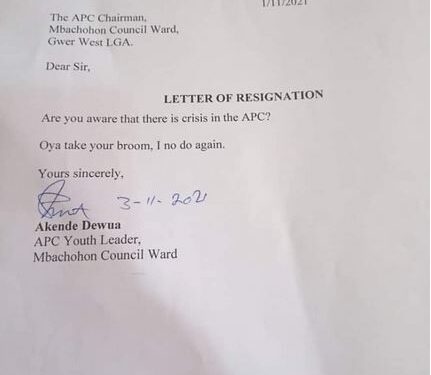 “Oya Take Your Broom, I No Do Again” – Benue APC Ward Youth Leader Writes As He Resigns (See The Letter )