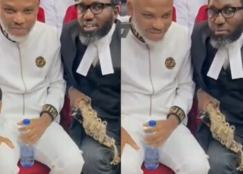 Aww, So Touching: See The Moment Nnamdi Kanu Shared Brief Smile With His Lawyer in Court (Video)
