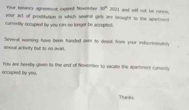 LOLzz: “Your Act Of Prostitution Can No Longer Be Tolerated” – Read Landlord’s Quit Notice To Tenant