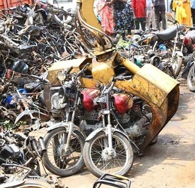 Lagos Government ‘Crushes’ 482 Motorcycles Seized For Contravening Traffic Laws (Photos)