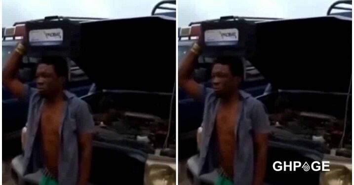 Drama As Man Caught Stealing Battery Of Police Patrol Vehicle Parked At A Police Station (Video)