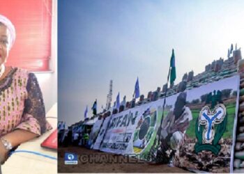 Sai Baba, Sai Baba – Lauretta Onochie Shouts As She Shows Off Huge Rice Pyramid In Abuja (Video)