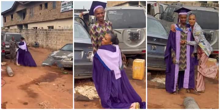 Watch The Moment Graduate Runs To Her Father’s Mechanic Shop, Dresses Him in Her Graduation Gown (Video)
