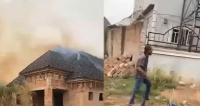 Nigerian Man Weeps Profusely As Fire Guts His Uncompleted Building (Video)