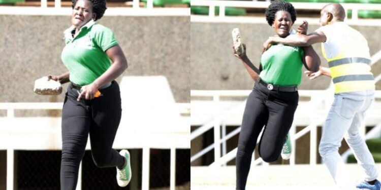 Lady Storms Football Pitch With A Big Stone After Her Boyfriend Was Injured During Match (Photos)