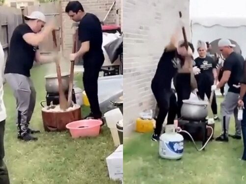 Shock As Two White Men Are Seen Pounding Yam For An Event (Video)