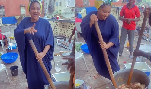 See The Moment Actress Mercy Aigbe Joined Older Housewives To Cook At Her Husband’s Home (Video)
