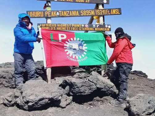 Peter Obi Supporter Climbs Mount Kilimanjaro To Place Labour Party’s Flag (Photo)