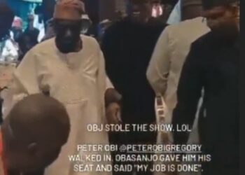 “My Job Is Done” – Obasanjo Says As He Vacates His Seat And Put Peter Obi On It At An Event (Video)
