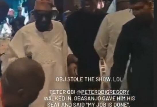 “My Job Is Done” – Obasanjo Says As He Vacates His Seat And Put Peter Obi On It At An Event (Video)