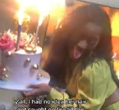 Watch The Moment A Lady’s Wig Caught Fire While Dancing With Her Birthday Cake (Video)