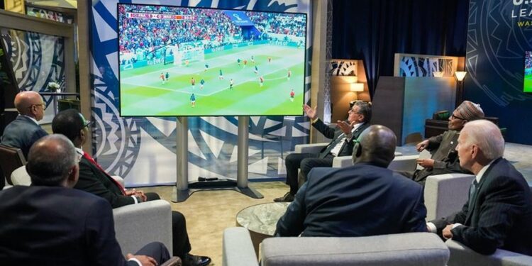 See Photo Of President Buhari, President Biden And Morocco Prime Minister Watching The France-Morroco Semi-final Match