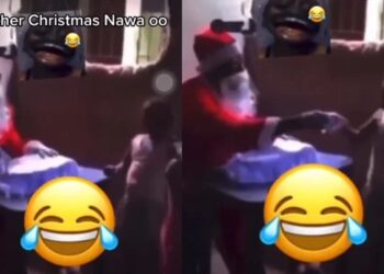 “Sapa Don Reach Santa” – Nigerians React As Father Christmas Is Spotted Sharing Purewater To Children (Video)