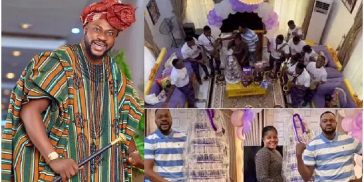 Actor Odunlade Adekola Rocks Head-tie On 46th Birthday, Gets Huge Money Cake, Surprise Party (Photos & Video)