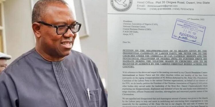 CAN Speaks On Collecting 2 Billion Naira From Peter Obi To Mobilize Christian Votes