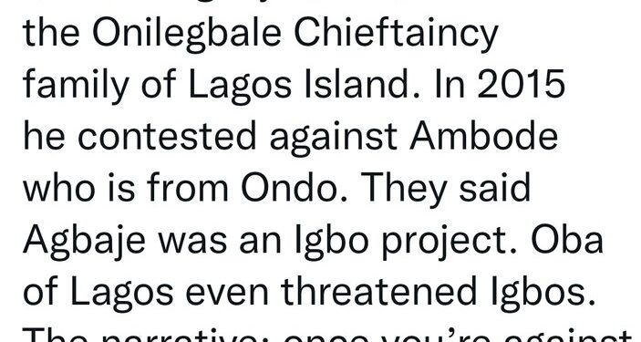 Election: Man Accuses Lagos APC Of Instigating Tribal War Between Yorubas And Igbos Ahead of Saturday’s Election