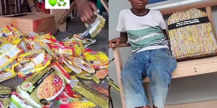 Young Nigerian Boy Converts 95 Noodle Sachets Into School Bag (Video)