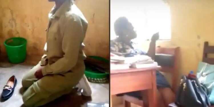“Must Be A Skit” — Nigerians React After NYSC Member Is Forced To Kneel By Proprietress (Video)