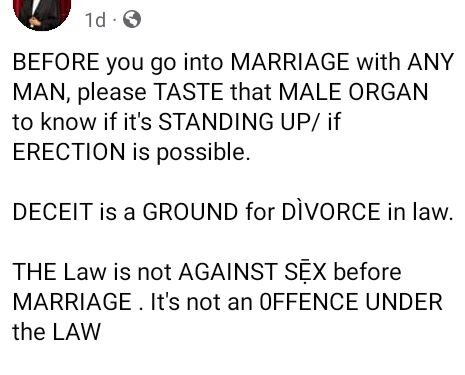 Before You Go Into Marriage With Any Man, Taste The Male Organ To Know If It’s Standing Up – Nigerian Lawyer Urges Women