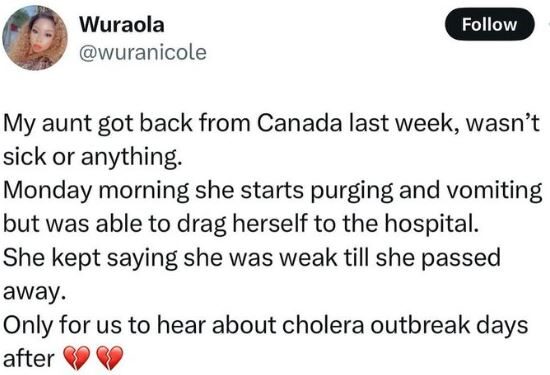 Cholera Claims Life Of Woman Who Just Returned To Nigeria From Canada