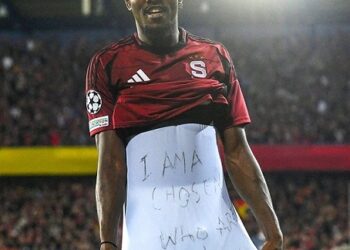 Nigerian Striker, Olatunji Celebrates Champions League Goal With “I Am A Chosen” Inscription