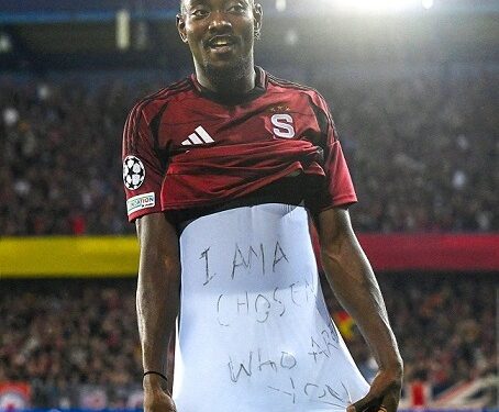 Nigerian Striker, Olatunji Celebrates Champions League Goal With “I Am A Chosen” Inscription