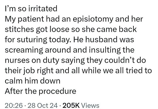 Hospital Worker Reveals Statement Husband Of New Mum Made After Being Told Not To Touch His Wife Until Her Episiotomy Stitches Heals, Nigerians React