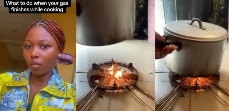 Lady Cooks With Broomsticks After Running Out Of Gas (Video)