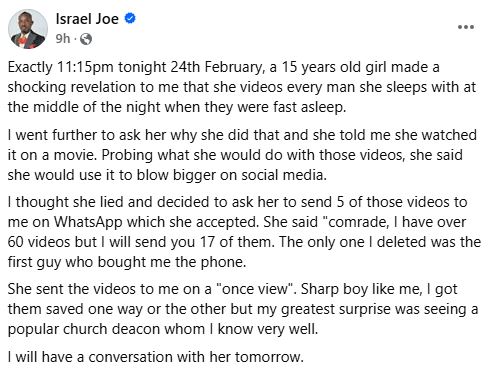 She Films Every Man She Sleeps When They Doze Off – Nigerian Activist Shares Shocking Revelation Made By 15-year-old Girl