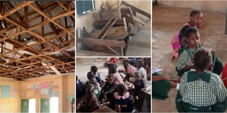 No Desks, No Chairs: Abuja Pupils Sit On Bare Floor, Teachers On Windows (Photos)