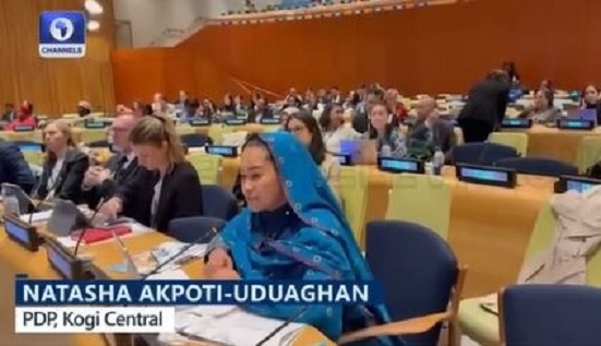 Watch The Moment Natasha Akpoti Tearfully Presents Her ‘S3xual Harassment’ Case Against Akpabio At UN Headquarters In New York (Video)