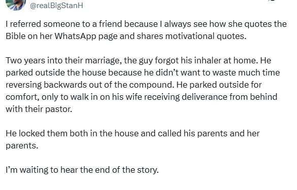 I’m Getting The Blame Because I Introduced Her To Him – Nigerian Physician Laments After A Friend Caught His Wife Having S3x With Their Pastor