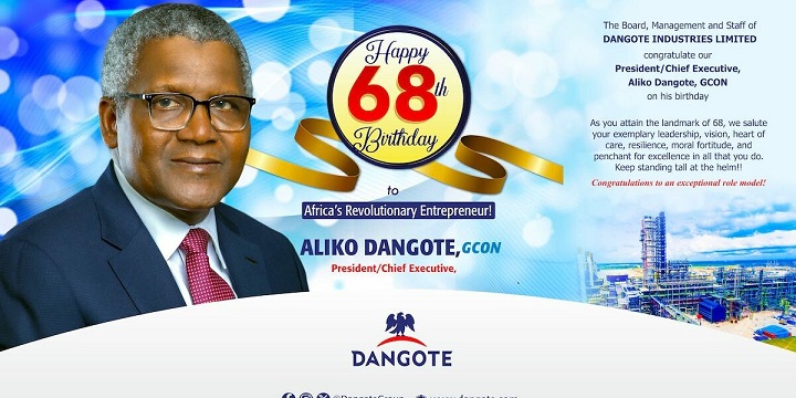Dangote’s 68th Birthday Banner Sparks Confusion, Mistaken For Obituary