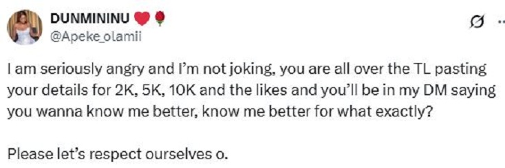 You Are Pasting Your Account Details All Over The TL For 2K, 5K, 10K And Sliding In My DM – Nigerian Lady Slams ‘Admirers’