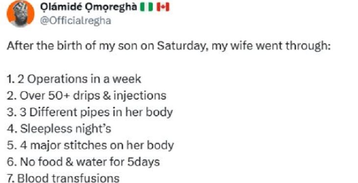 Two Operations, Over 50 Drips, Injections, 4 Major Stitches, Blood Transfusions – Nigerian Man Hails His Wife’s Strength After The Birth Of Their Son