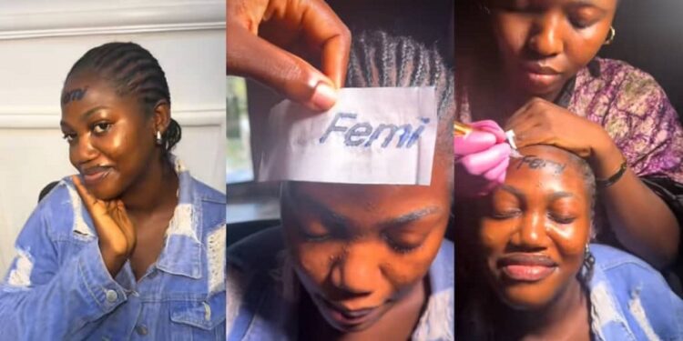 Lady Gets Permanent Tattoo Of Boyfriend’s Name ‘Femi’ On Her Forehead (Video)