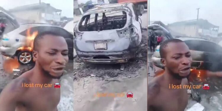 Man Cries Bitterly As His Car Burns To Ashes Before His Eyes (Video)