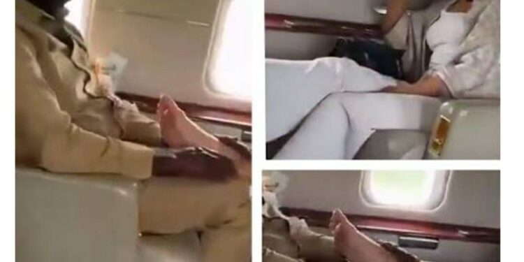 “Former Textile Worker Living Like Pablo Escobar” – Nigerians React To Viral Video Of Senator Oshiomole Massaging Woman’s Feet Inside A Private Jet (Video)