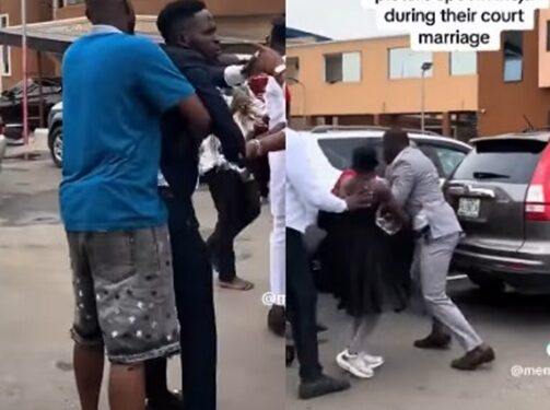 Drama As Newly Wed Couples Fight Dirty Over Picture Spot At Lagos Marriage Registry (Video)