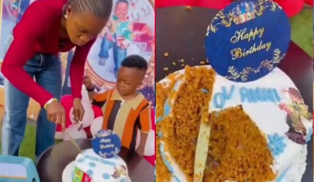 Drama As Mother Celebrates 5-year-old Son’s Birthday With Special Cake Made With Jollof Rice, Serves One Spoon Per Birthday Guest (Video)